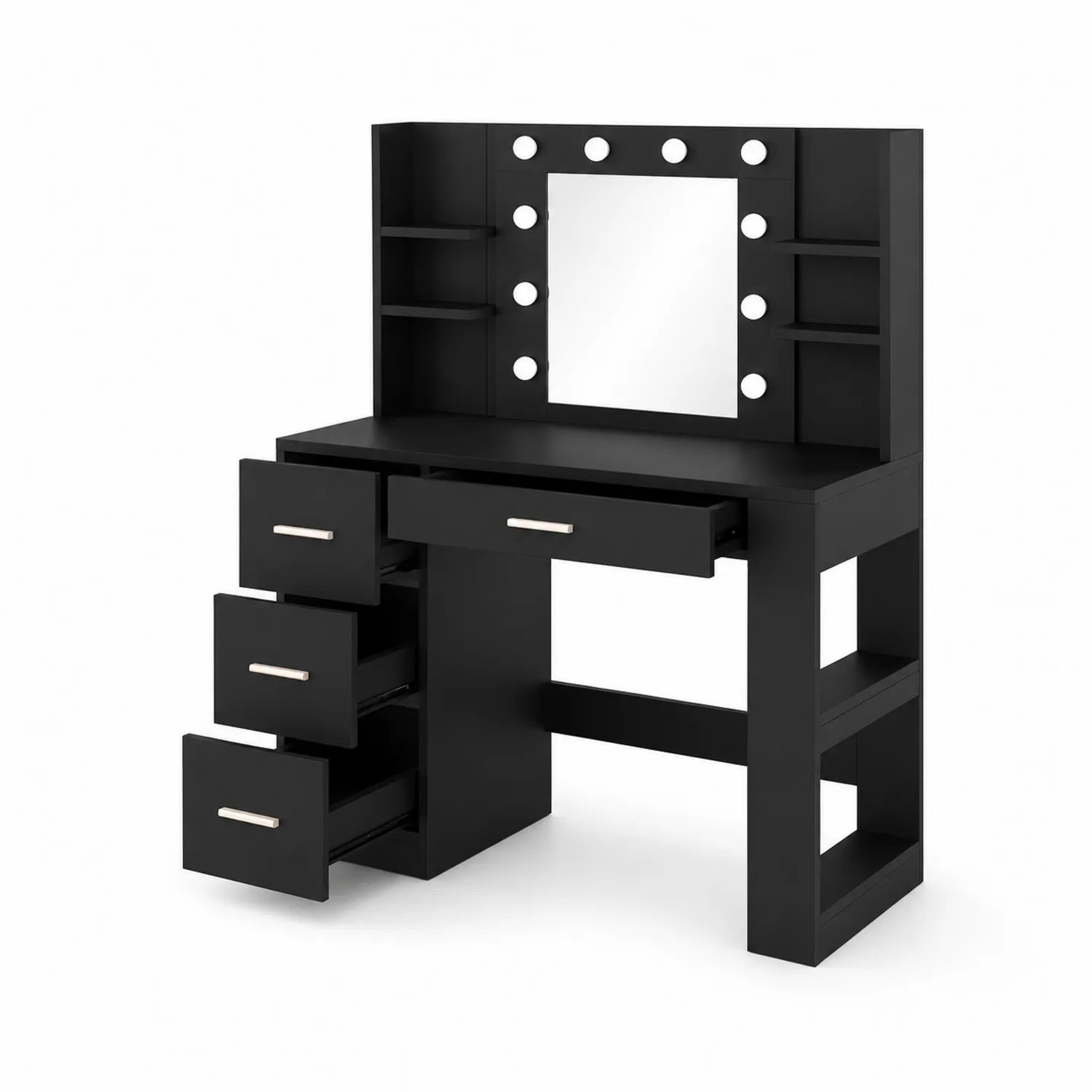 Toeletta in Legno con Specchio Rettangolare e Luci LED, Nero