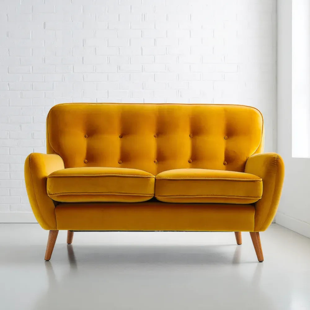 Mid-Century Velvet Loveseat 135x80x90 cm - Mustard Yellow Upholstered