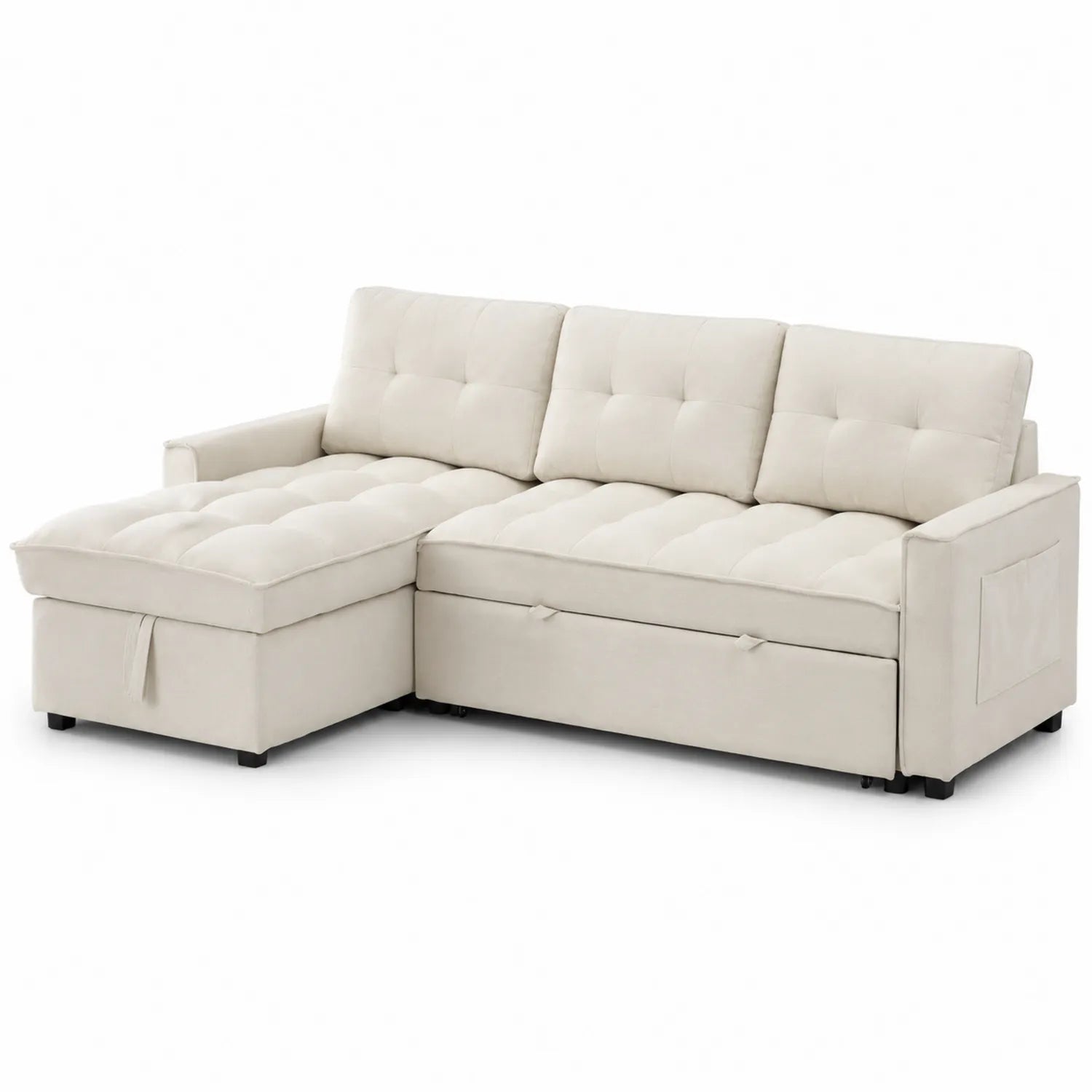 Divano letto angolare in legno e poliestere Crema