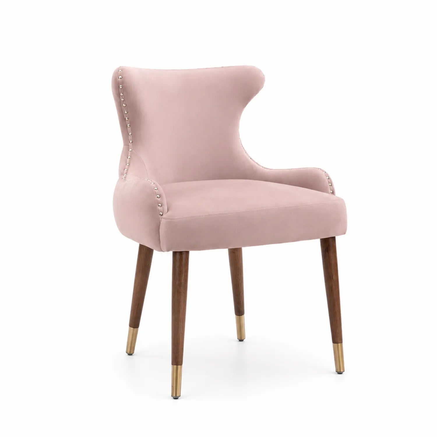 Sedia in velluto rosa con gambe in legno e ottone