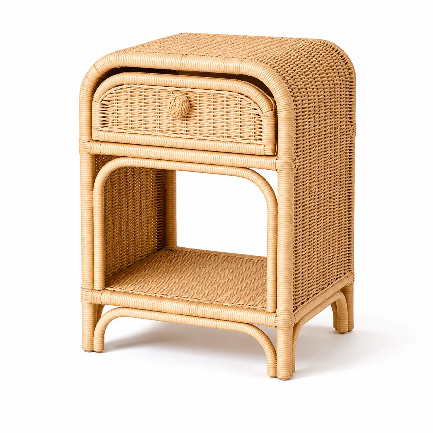 Comodino in Rattan Naturale con Cassetto e Ripiano