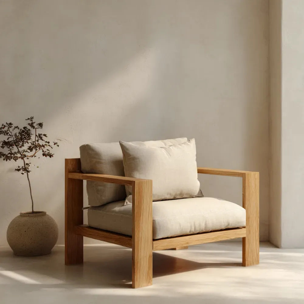Armchair 85x75x70 cm - Solid Wood Frame Beige Cushions - Modern Minimalist Design
