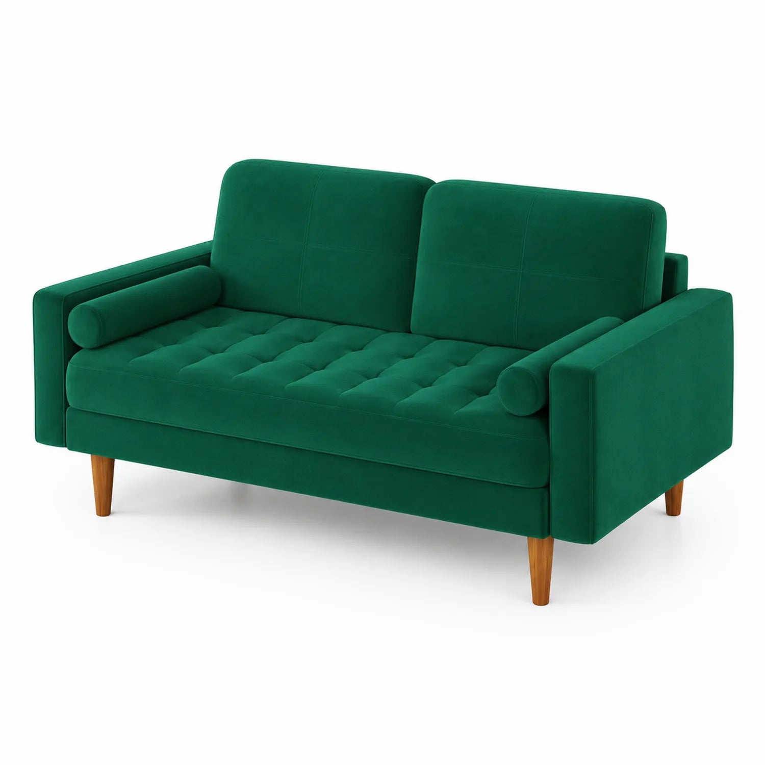 Divano a due posti in velluto verde con gambe in legno