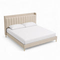 Letto Matrimoniale in Tessuto e Metallo Beige con Testiera Imbottita