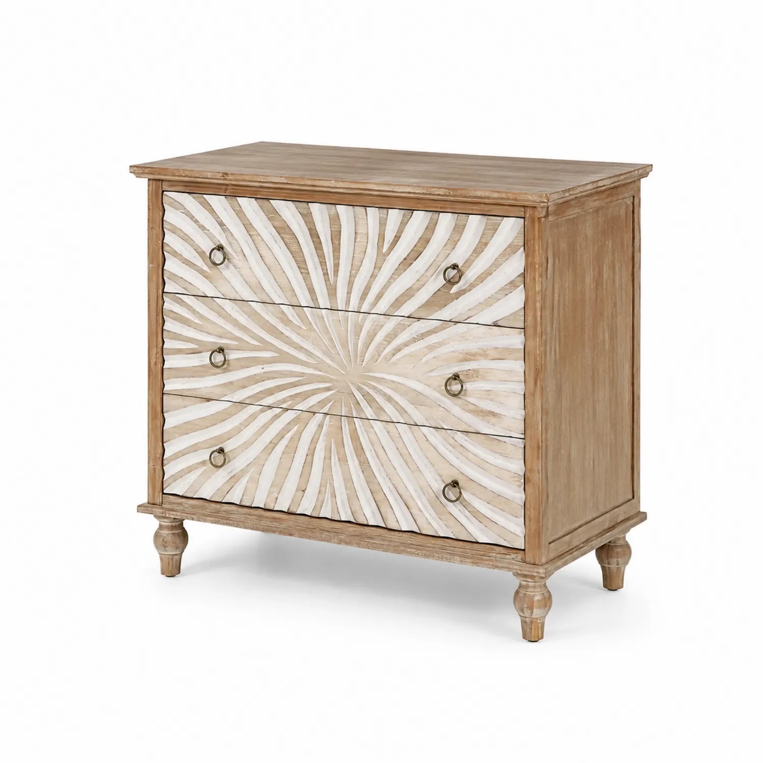 Cassettiera in Legno di Mango Intagliato, 3 Cassetti