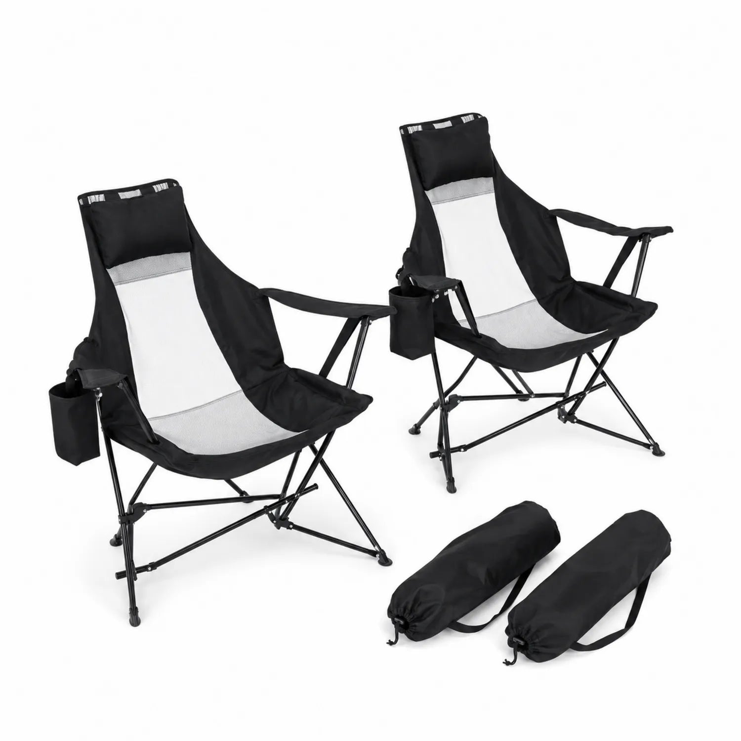 Set di 2 sedie pieghevoli in metallo e tessuto, Nero e Grigio