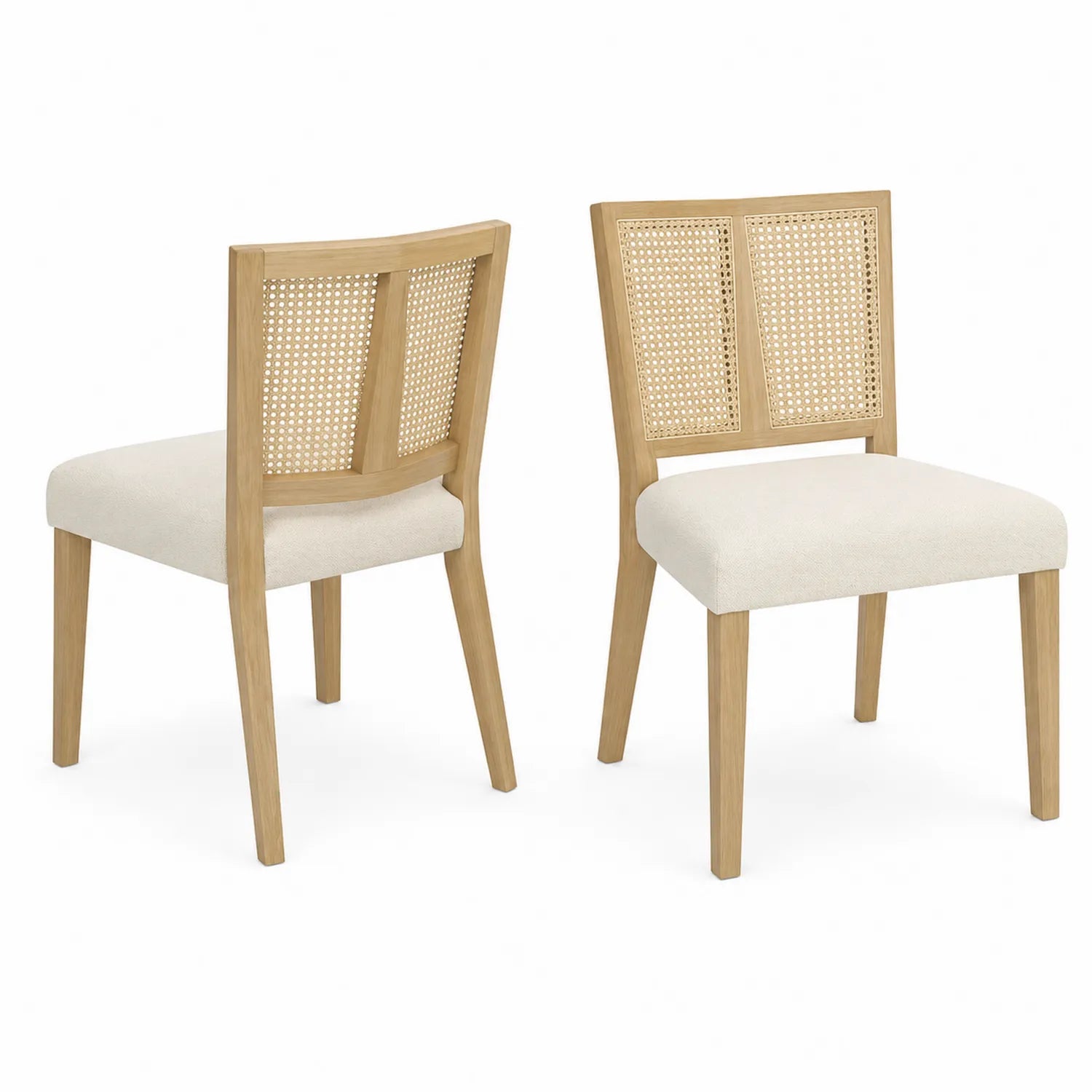 Set di 2 Sedie in Legno e Rattan con Rivestimento Crema