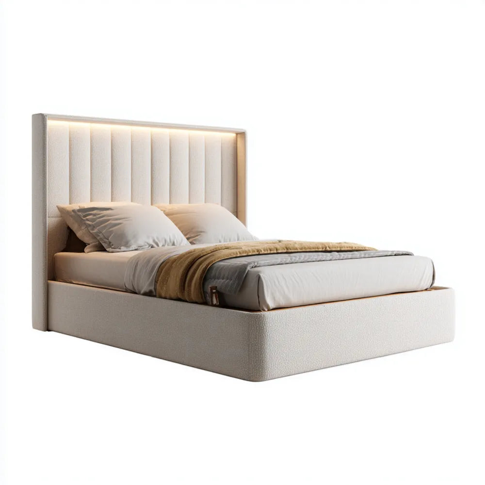 Double Bed Upholstered 200x150x120 cm – Beige – Modern Design with LED Headboard