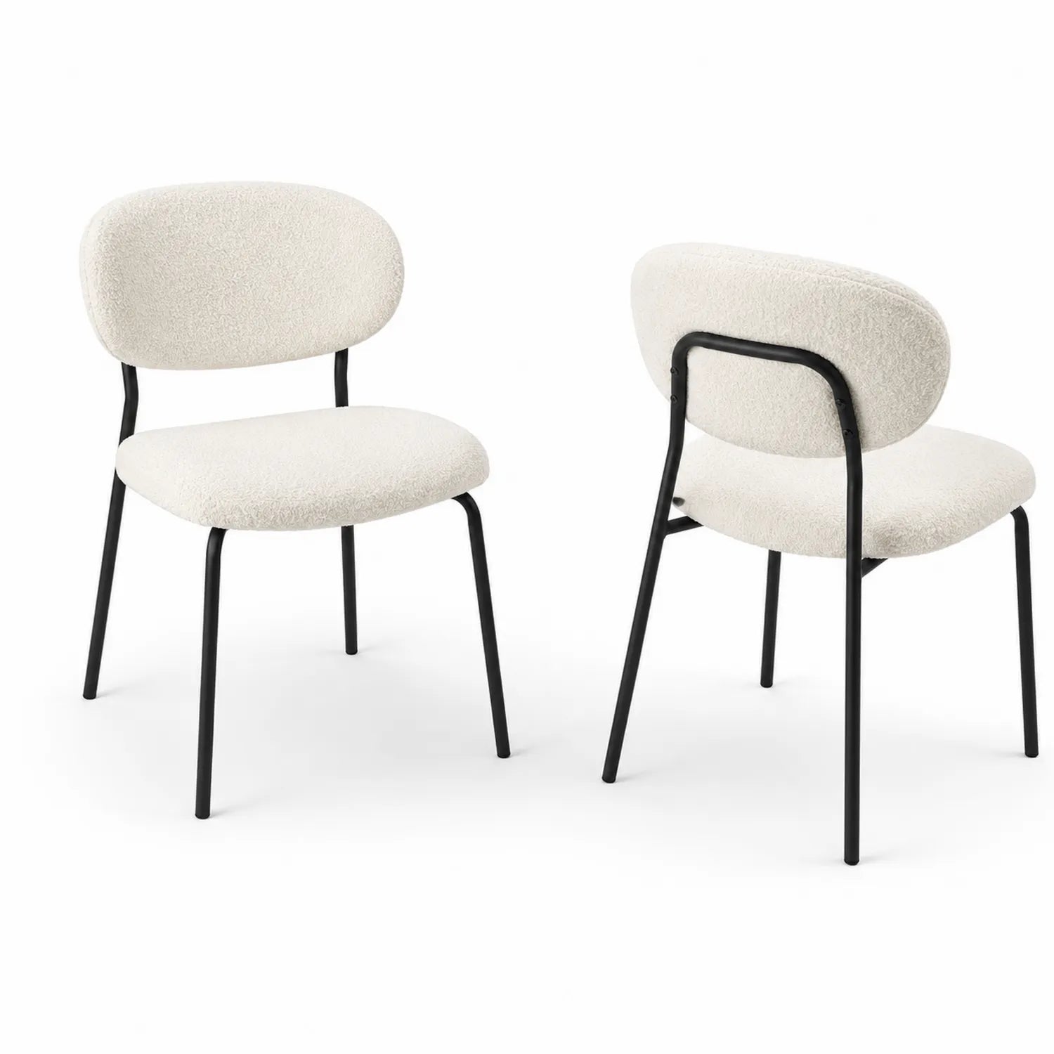 Set di 2 Sedie in Bouclé Bianco con Struttura in Metallo Nero