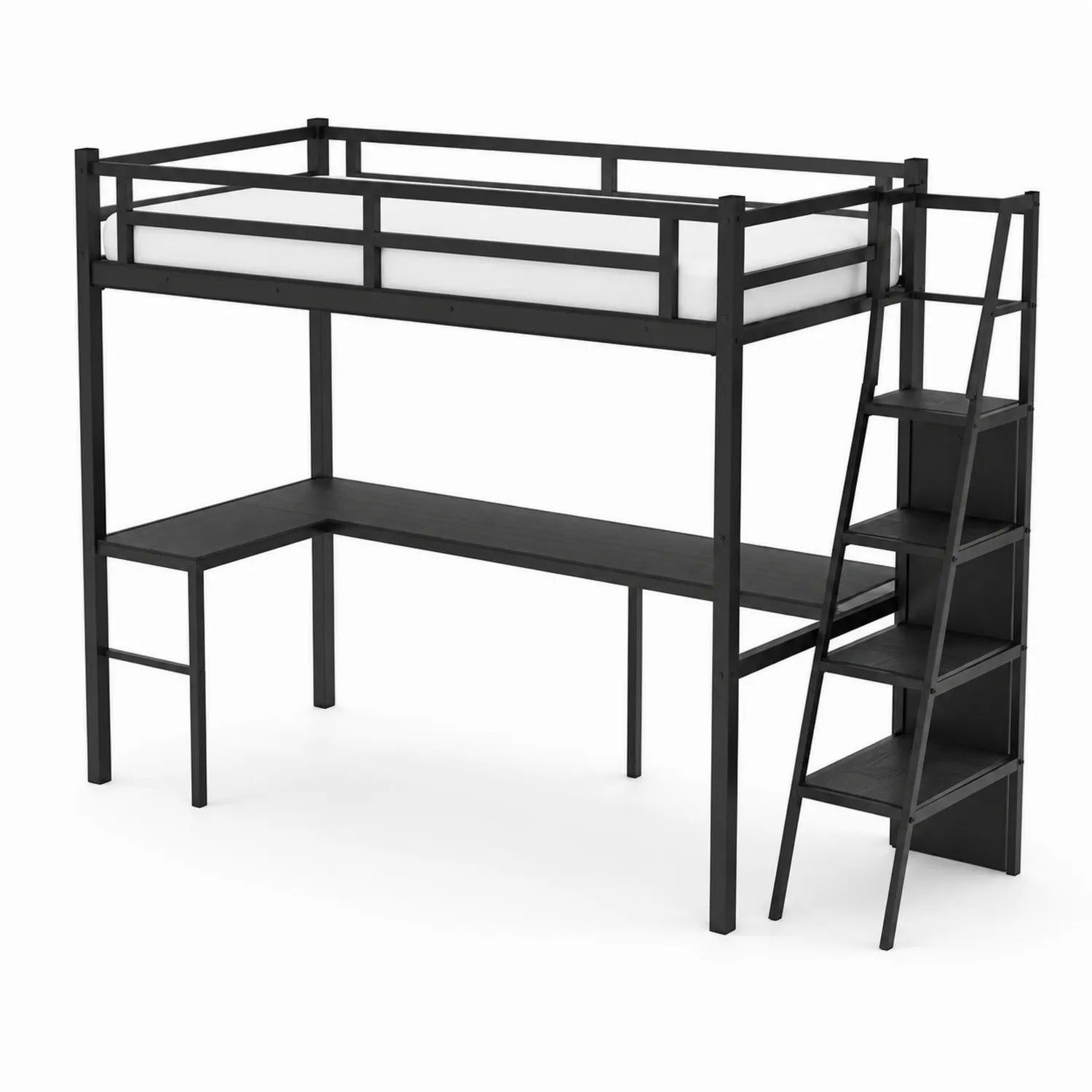 Letto a soppalco metallo Nero con scrivania e scala